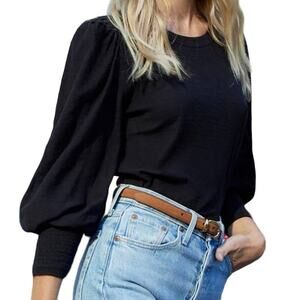 Nation Puff Sleeve 100% Pima Cotton Pleated Tee Shirt Black Women's Size Medium
